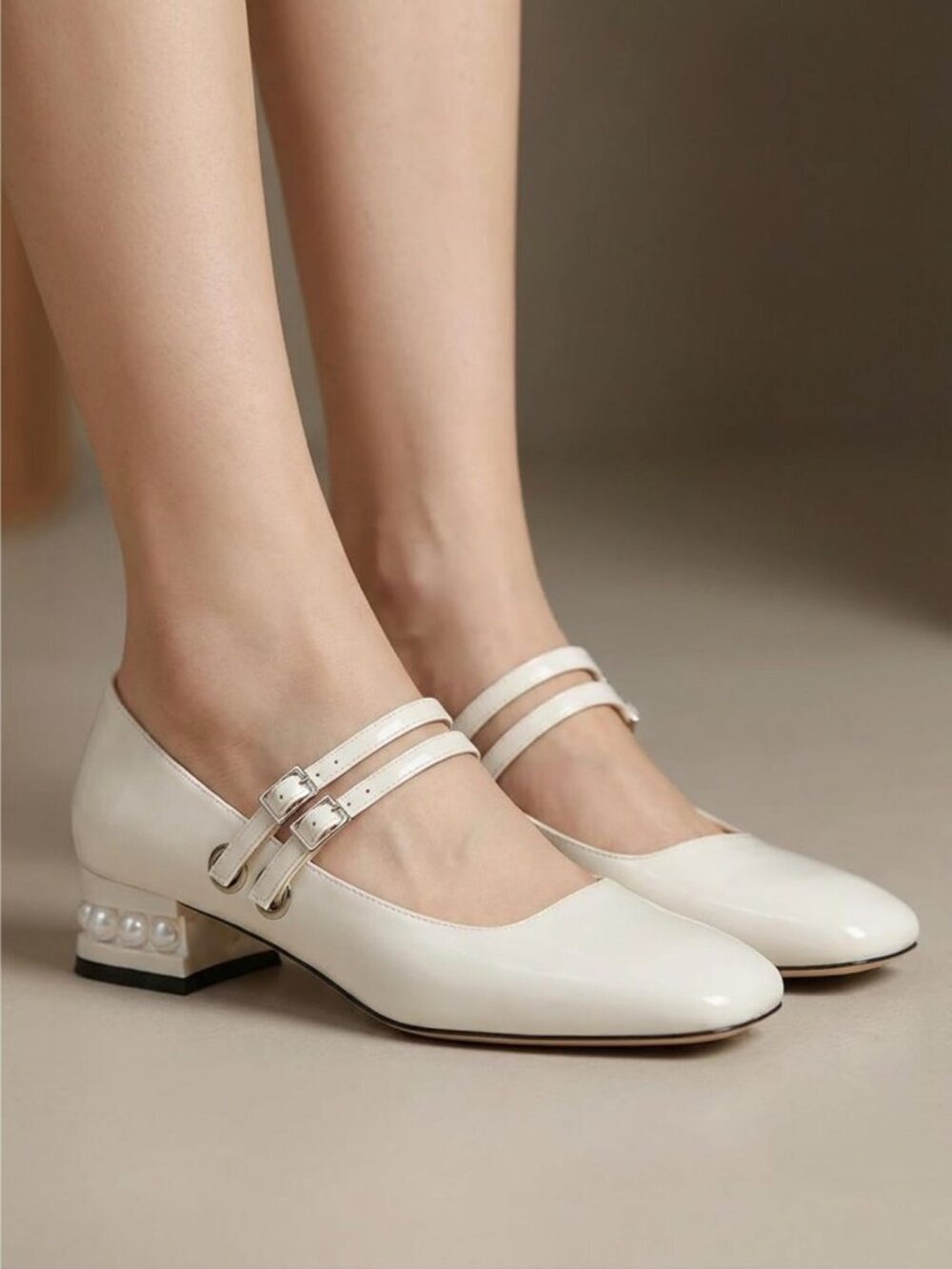 Women's Pearl White Mary Jane Low Pearl Heels Square Toe Pumps Ballet Shoes - Picture 3 of 6